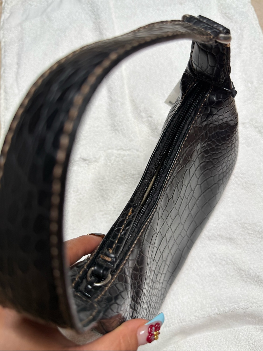 Nine West Uptown Girl Croco Mini Shoulder Bag Black Y2K Baguette - Picture 4 of 8